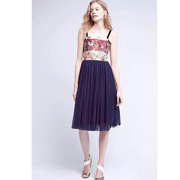 Anthropologie Moulinette Soeurs Navy Tulle Skirted Floral Embroidered Dress 4P - Picture 1 of 7